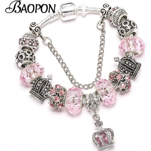 Silver Color luxurious Charm Bracelets Crystal Crown Beads Friendship Bracelets Fit Original Fine Bracelets For Women Gift