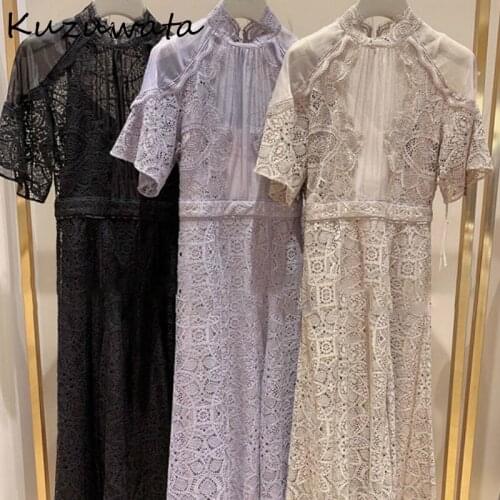 Chic Collar Stand High Waist Vestidos Elegant Mid-length Lace Patchwork Women Dress Japan Style All-match Dresses