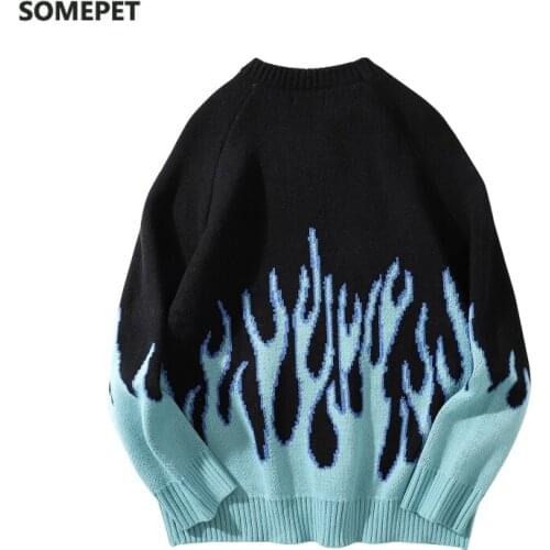 Sweater Men Streetwear Retro Flame Pattern Hip Hop Autumn New Pull Over Spandex O-neck Oversize Couple Casual Mens Sweaters