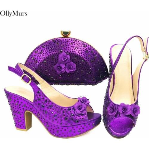 High Quality Wonderful Woman Shoes And Bag Set 2021 African Rhinestone Pumps Puple Color Shoes And Matching Bag Set For Party