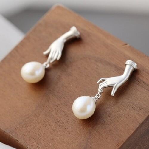 Authentic 925 Sterling Silver Jewelry Handmade Creative Natural Freshwater Pearl in the palm Fashion Women Long Earrings