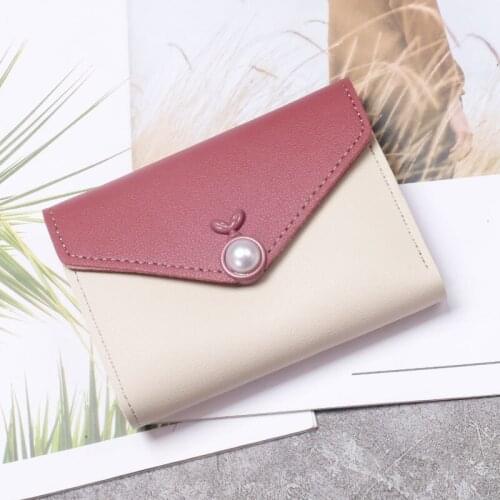 Womens Wallet Short Solid Color Female Leather Peal Buckle Three Fold Coin Purses Ladies Mini Clutch Bag Money Clip