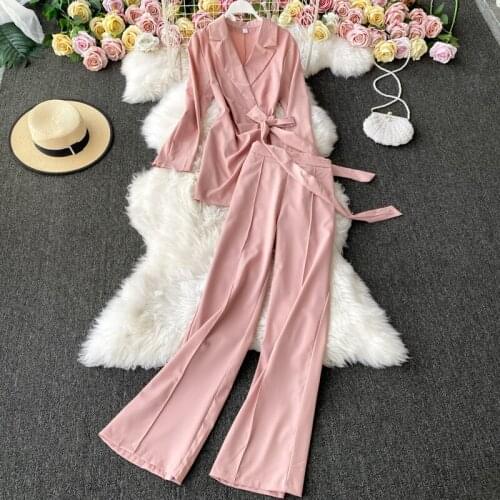 2021 Autumn New Fashion Women Long Sleeve Banndage Blazer+Wide Leg Pants Two Piece Set Solid Casual Clothing Suit