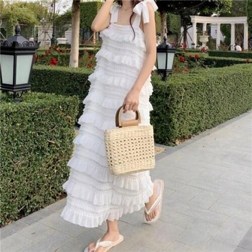 White Cascading Ruffle Dress Women 2021 New French Elegant Bow Straps Long Dress for Woman Birthday Party