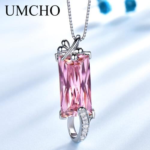 UMCHO Rectangle Pink CZ 925 Sterling Silver Necklaces & Pendants Charm For Women Engagement Anniversary Gift Fine Jewelry