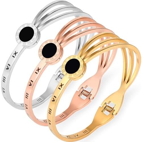 2021 Luxury Brand Desgin Charm Cuff Bangles & Bracelets Roman numeral Steel Black Gold Bangles Wristband Women Pulseira