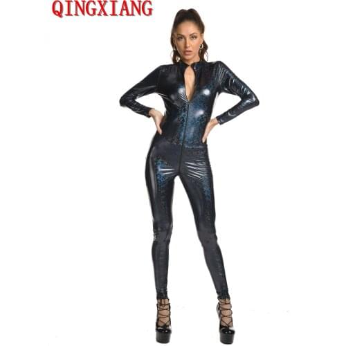 2021 M-XL Women Elastic Full Beset Bodies Lingerie Glued PU Stage Performance Costume Faux Leather Long Zipper Crotch Bodysuit