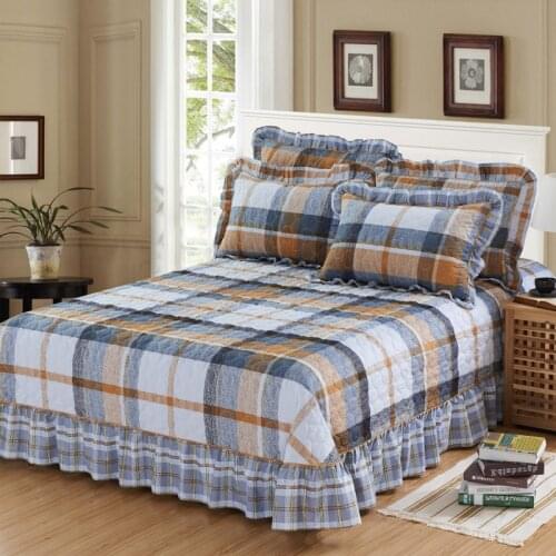 New 100% cotton Quilting plaid bed cover Bed Skirt Bedspread Bed Sheet Bed Cover Pillowcase Bedding Set 3pcs