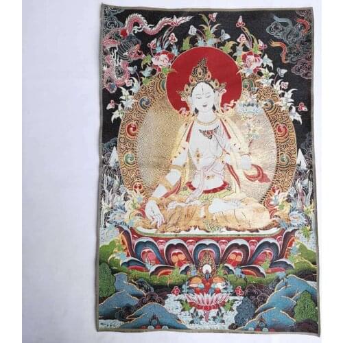 36" Tibet Tibetan Cloth Silk White Tara Guanyin Kwan-yin Tangka Thangka Mural