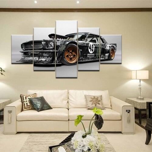 5 Panel Canvas Painting Classic Car Retro Nostalgic Art Home Room Decor Smoke Gray Luxury Sports Car Super Car Framework