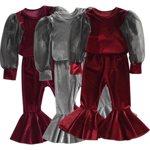2Pcs Kids Autumn Outfits Stitching Mesh Bubble Sleeve Tops + Solid Color Bell-Bottoms for Girls, 1-5 Years
