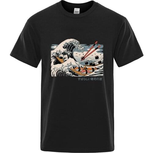 Cotton Sushi Wave Ukiyo E Harajuku Prints Mens T Shirts Casual Stylish Sportwears Funny Cartoon Short sleeve Mans T-shirts
