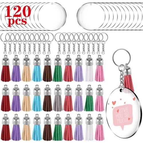 L5YD 120 Pcs Acrylic Keychain Blanks Kit with Key Rings Jump Rings Round Clear Discs Circles Colorful Tassel Pendants for DIY