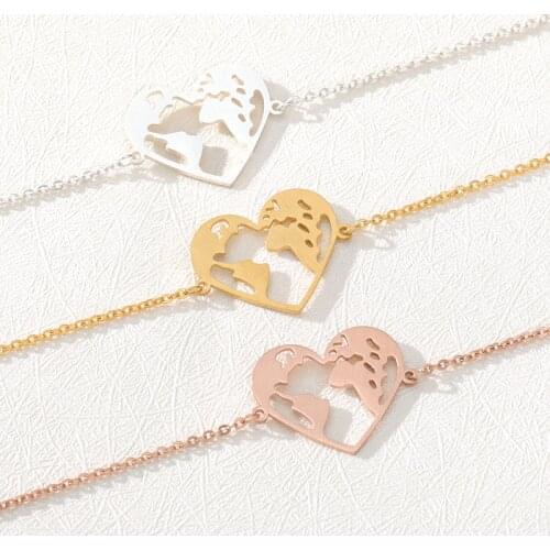 Minimalism Heart Shape World Map Bracelets For Women Globe Travel Jewellery Stainless Steel Earth Bracelet Femme Bridesmaid Gift