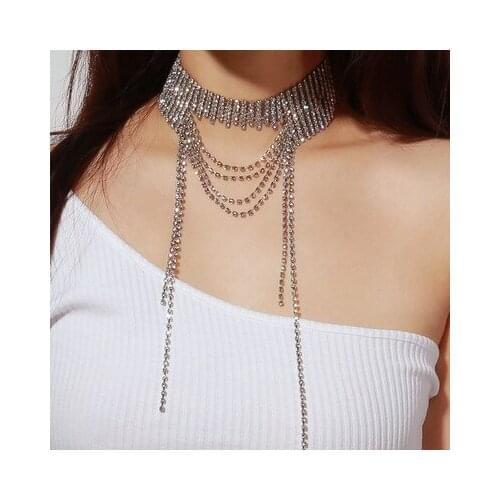 Multi-layers Rhinestone Necklace Chokers Women SIlver Fringe Tassel Crystal Necklace Jewelry Women Party Crystal Collar Necklace