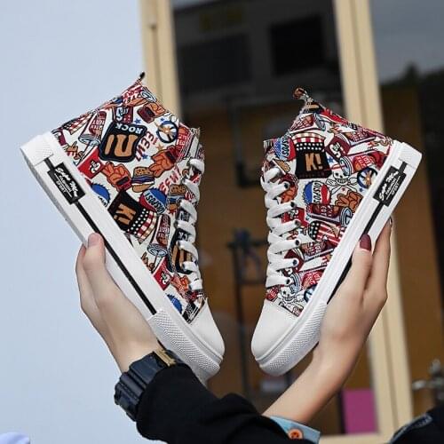 Mens Fashion Casual Graffiti Shoes High Top Sneaker Spring Mens Shoes Non-slip Canvas Walking Shoes for Men