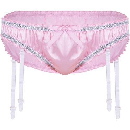 Men Sexy Lingerie Bras Top Shiny Stretchy Satin Ruffled Sissy Triangle Briefs Underwear Panties with Plastic Garters Nightwear