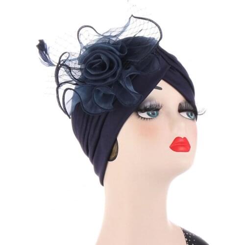 Lastest Feather Flower Turban Bonnet for Women Headscarf Caps Wedding Party Headwear Turbante Mujer African Headtie