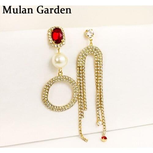 M&G New Asymmetric Wedding Red Rhinestone Pearl Earring Circle Zircon Chain Tassel Dangle Earrings Bride Luxury Jewelry Hot Sale