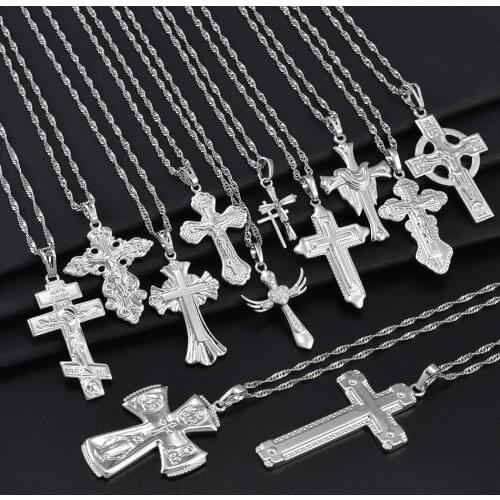 Anniyo Silver Color Charm Cross Pendant Neckalces Christianity Catholicism Orthodox INRI Cross Jesus Religion Jewelry #090004