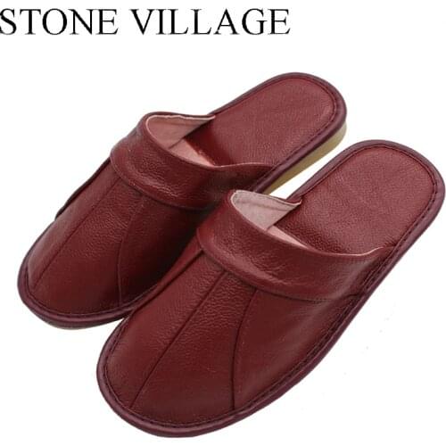 STONE VILLAGE Cowhide Leather Summer Sandals Women Couple Home Shoes Men Summer Home Interior Floor Non-Slip Shoes Size 35-44