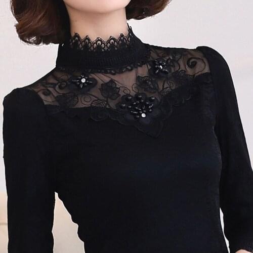 Sexy Black Lace Blouse Shirt Women Tops Elegant Hollow Out Blouse Autumn Tops Female Blouse Long Sleeve Blusas Plus Size S-5XL