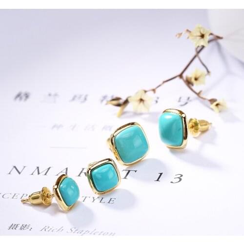 Silver S925 sterling silver plated gold mosaic Turquoise old square lady unique high-end ear studs earrings wholesale