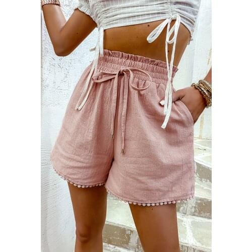 Elastic Waist Drawstring Shorts Pocket Dusty Pink Shorts Women Casual Loose Lace Hollow Out Side Shorts
