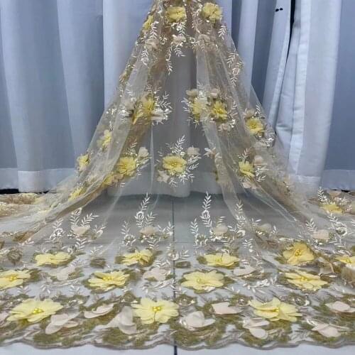 Light French lace fabric with 3d flowers heavy bead tulle lace fabric with 3d florals bridal dress fabric costume dress