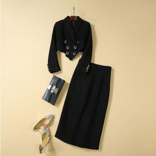 QUALITY New HIGH Stylish Fall Winter 2021 Designer Suit Set Womens Wool Blend Strass Buttons Short Jacket Skirt Suit