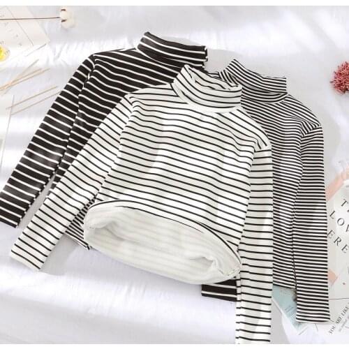 2021 High Neck Bottoming Women Tshirt Autumn Winter Long Sleeve T-shirts warm Basic Tops Striped Turtleneck Plus Velvet Shirts