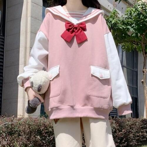 2021 Autumn and Winter Japanese College Style Contrast Color Sailor Collar Striped Long Sleeve Student Casual Sweatshirt Female