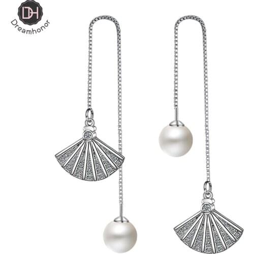 Dreamhonor 925 Sterling Silver Long Drop Earrings 2021 Fashion Women Zirconia Fan Pearl Earrings Summer Jewelry Girls Party Gift