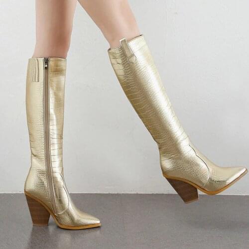 2020 Western Cowboy Knee High Boots Faux Leather Women Boots Fashion Wedges High Heels Long Boots Autumn Winter Zipper Shoes