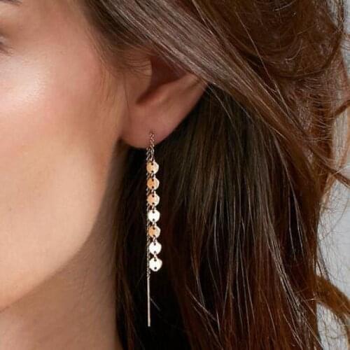 Women Modern Gold Color Long Chain Earrings Small Golden Color Minimal Coin Dangle Earring Simple Disk Everyday Jewelry Boucle