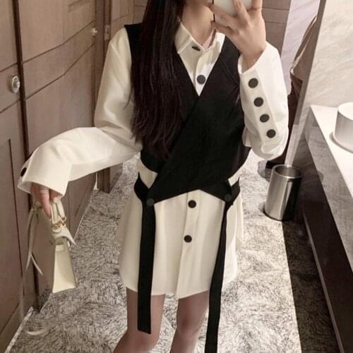 Women Black Bandage Vest Two Piece Blouse New Lapel Long Sleeve Loose Fit Shirt Fashion Tide Spring Autumn 2021