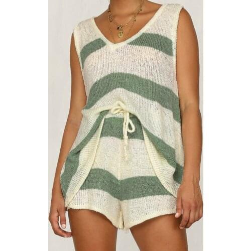 Women 2 Piece Set 2020 Summer Fashion Casual Stripe V-neck Vest with Drawstring Knitted Pant Sets Women Sweater Set Two-Piece