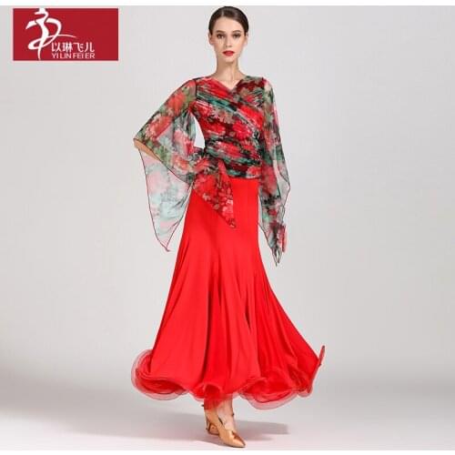 Printing Mesh Top with Long Skirt Ballroom Performance Dress Woman Dance Modern Professional Costumes Dancewear 3 Colors A0002