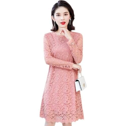 Harujuku O Neck Vintage Middle-aged Dress 2021 New Lace dress Women Long Sleeve Hollow out Loose Medium Length Women Dress 904F