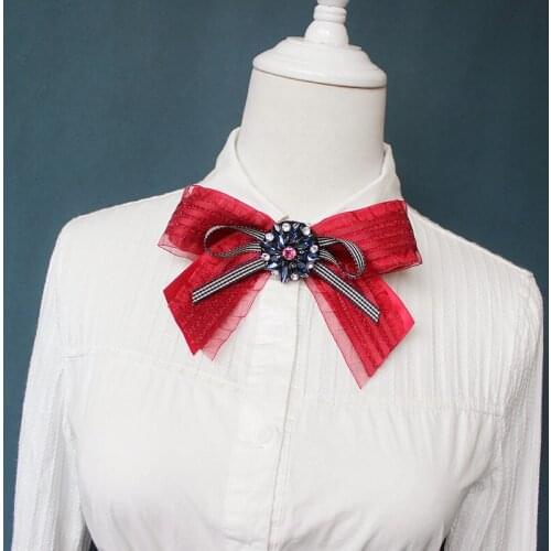 2021 Women Neck Collar Shirt Bow Tie Lady Rhinestone Crystal Wedding Business Party Chic Necktie Girl Uniform Pins Ribbon Bowtie