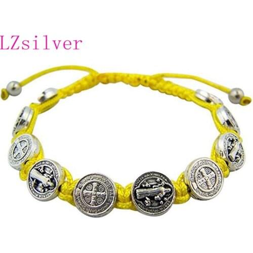5 Pcs Zinc Alloy Saint St Benedict Medal on Adjustable Yellow Cord Bracelets 7 Inch B-45