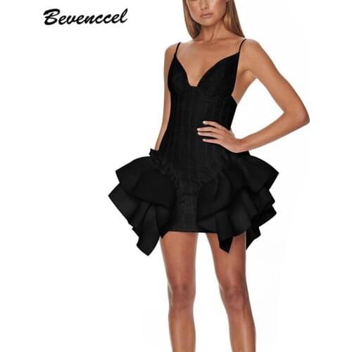 Bevenccel 2020 New Color Striped Bodycon Women Bandage Dress Vestidos V Neck Cascading Ruffle Elegant Celebrity Club Party Dress