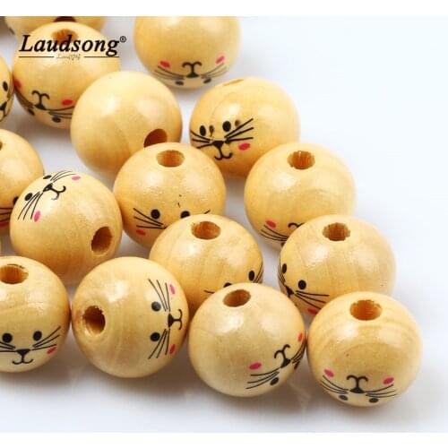 10PCS 20MM Cute Cat Pattern Natural Round Wooden Beads For Childrens Toy Necklace Jewelry Making Spacer Beads