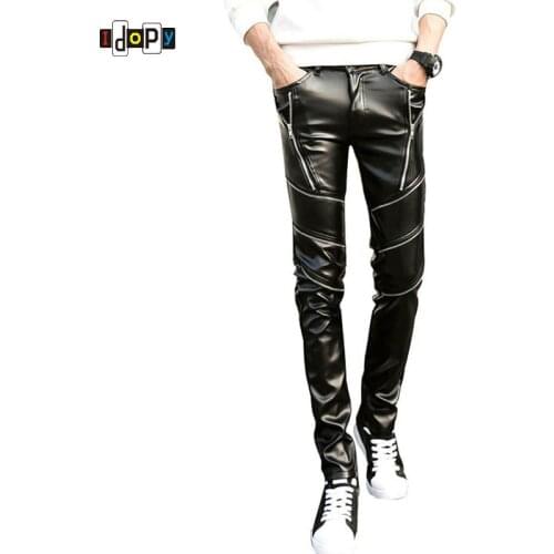DJ Swag Skinny Faux Leather PU Tight Black Joggers Biker Pants For Men Boys With Zippers