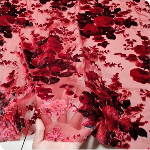 Red flower Hollow-out Mulberry Silk Bottom Cotton Velvet Dress Shirt Shawl Clothing Fabric