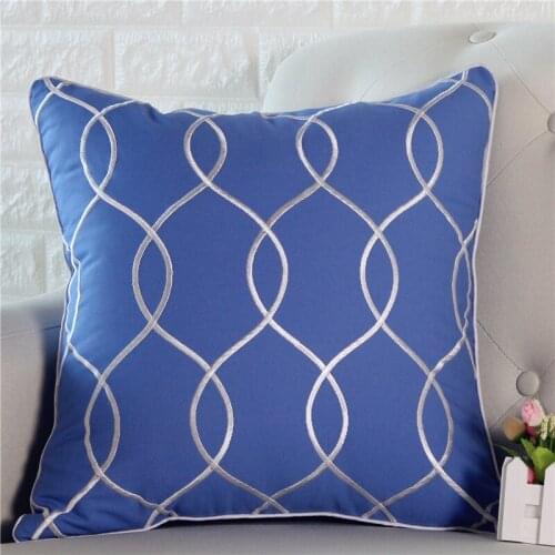 Embroidery Geometric Line Square Cushion Cover American Luxury Blue Waist Pillowcase Restaurant Bar Decoration Pillow Cover