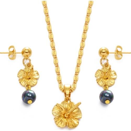 Anniyo Hawaiian Flower Pearl Jewelry sets Hibiscus Necklace Earrings Marshallese Guam Micronesia Chuuk Pohnpei Jewelry #239406