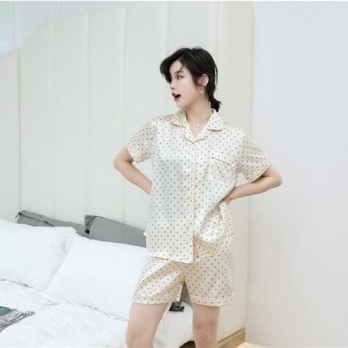 Champagne Short Sleeve Shorts 2PCS Pajamas Set Ladies Sweet Heart Nightwear Summer Faux Silk Sleepwear Big Size M-5XL Home Wear