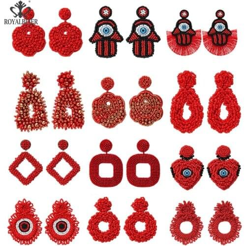 ROYALBEIER Bohemian Trendy Red Beaded Tassel Earrings for Women Handmade Irregular Fringed Stud Earrings Dangle Jewelry Gift