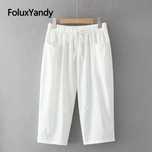 Calf-Length Women Summer Pants Plus Size Loose Trousers Elastic Waist Casual Harem Pants Midi Capris Black White KKFY5528